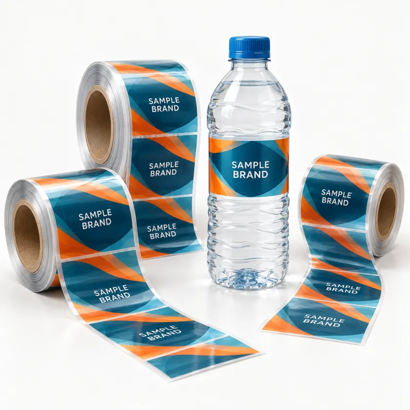 Custom printed product labels on rolls and a bottle